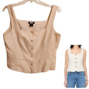 DKNY Cream Square Neck Button Down Linemln Blend Vest Size Large